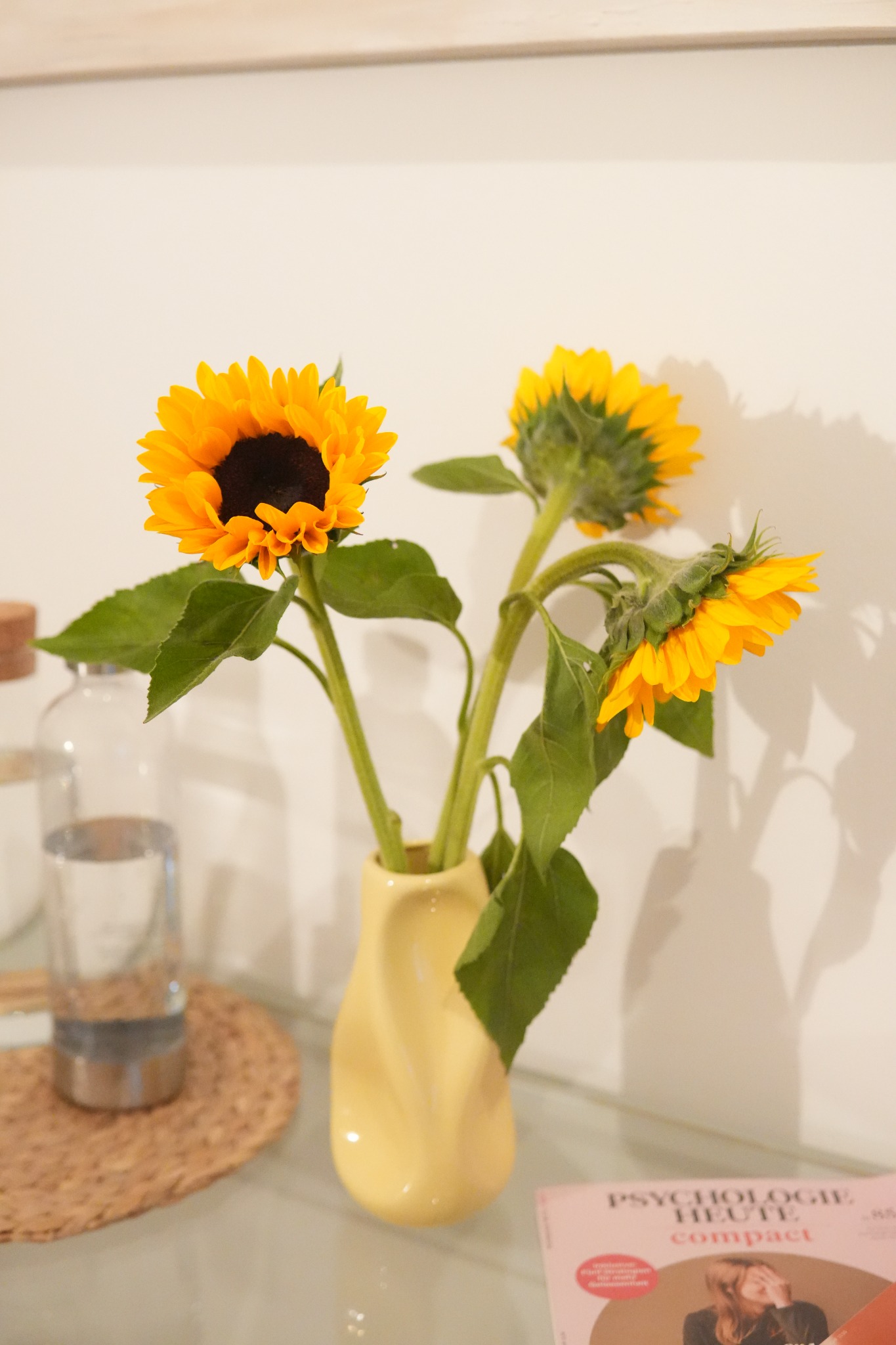 Sonnenblumen und Zeitschrift als Detail aus dem Wartezimmer